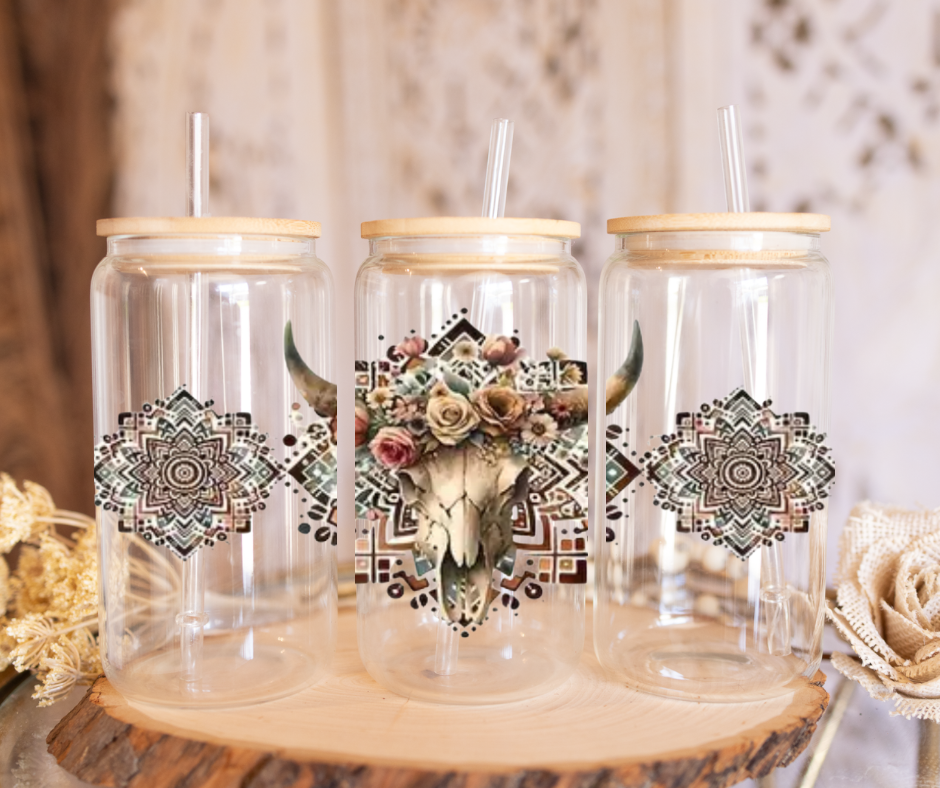 Boho Skull 16oz Beer Can Glass